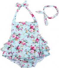 China Rose 50's Floral Ruffles Rompers Backless Dress Bathing Suit...